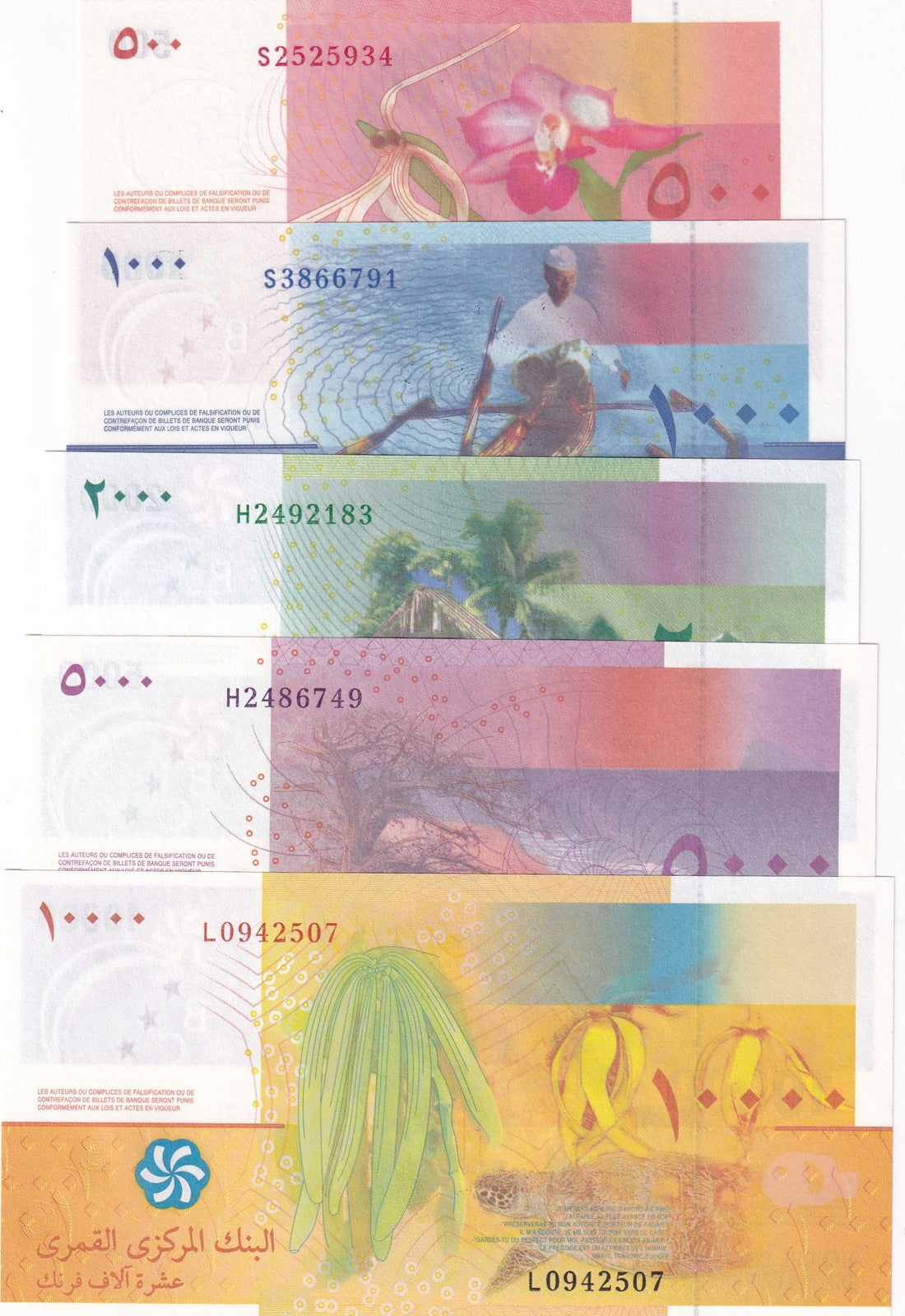 Comoros Set 5 UNC 500 1000 2000 5000 10000 Francs 2006/2020 P 15 16 17 18 19