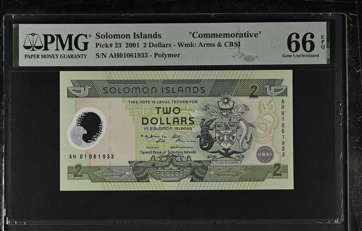 Solomon Islands 2 Dollars 2001 P 23 Polymer Commemorative Gem UNC PMG 66 EPQ
