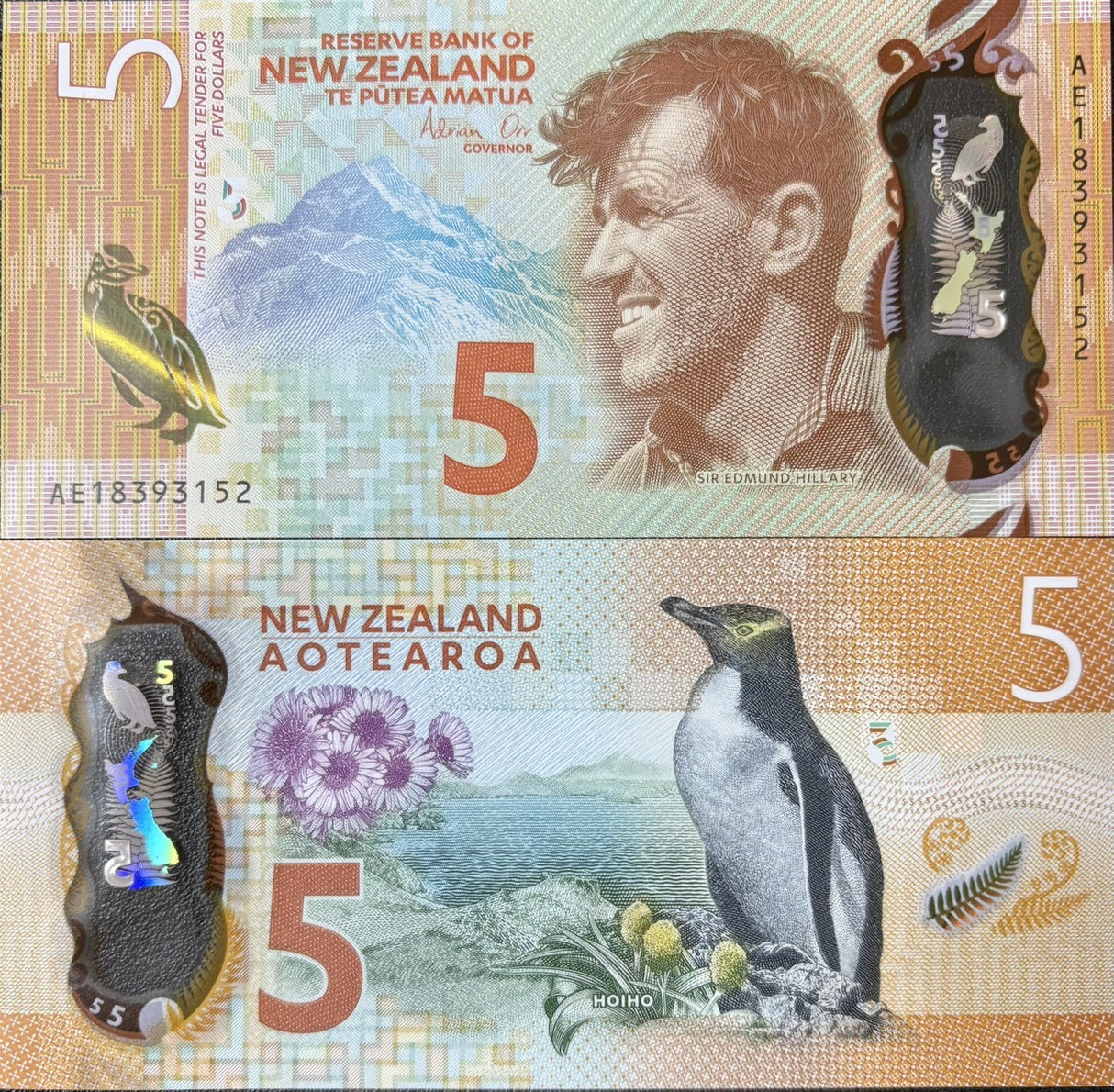 New Zealand 5 Dollars 2018 Polymer P 191 b UNC, Mt Cook, Edmund Hillary, Penguin
