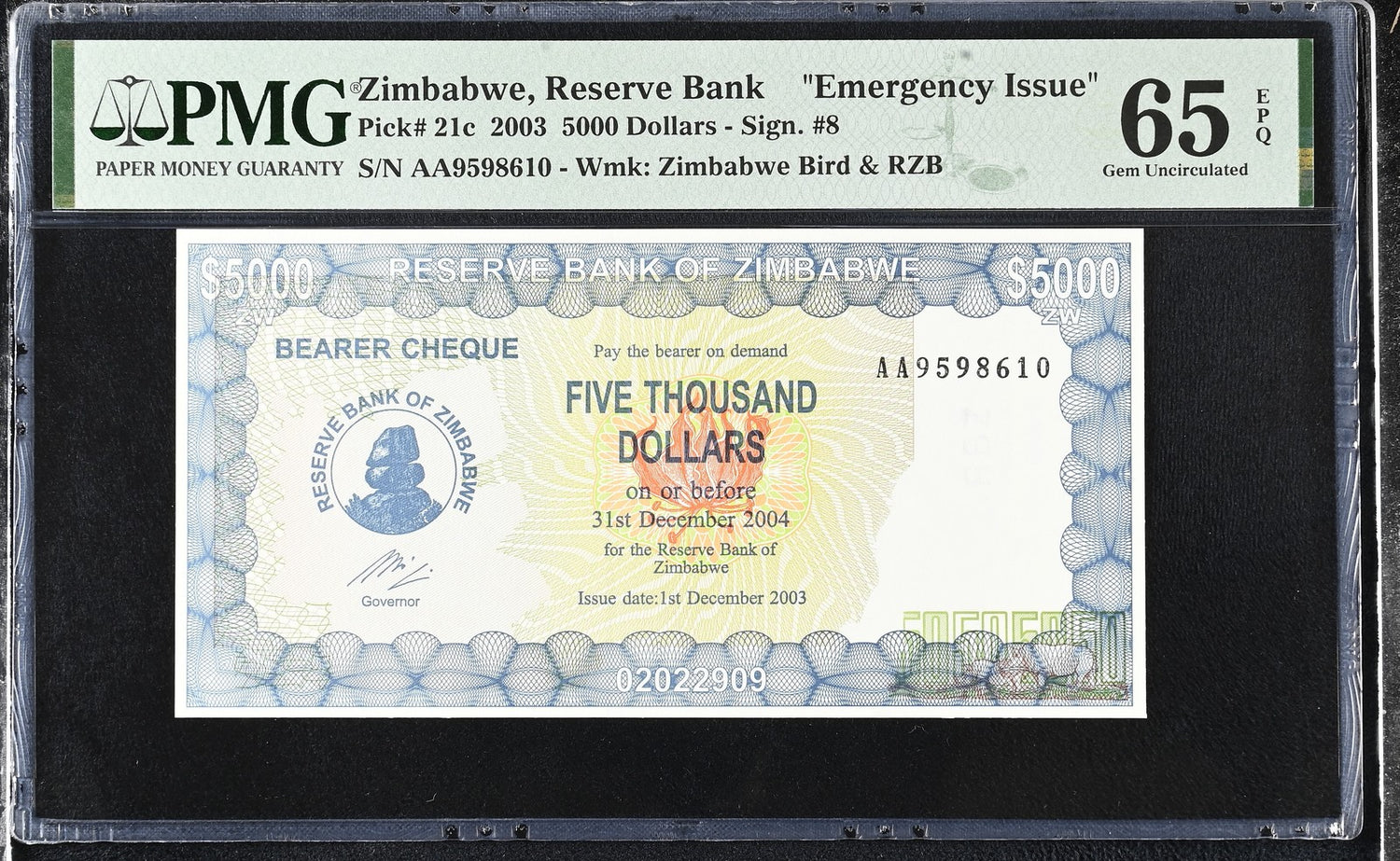 Zimbabwe 5000 Dollars 2003 P 21 c AA Emergency Issue Gem UNC PMG 65 EPQ