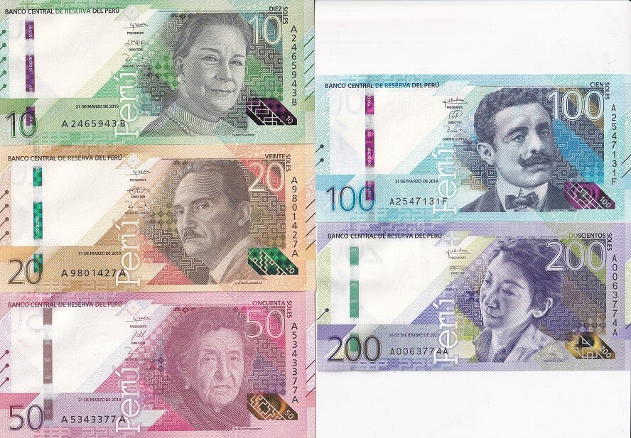 Peru Set 5 UNC 10 20 50 100 200 Soles 2019/2021/ 2023 P 196 197 198 199 200