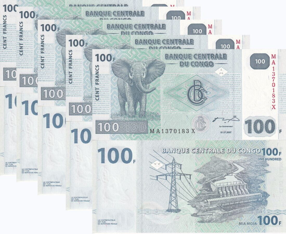 Congo 100 Francs 2007 P 98 UNC LOT 5 PCS