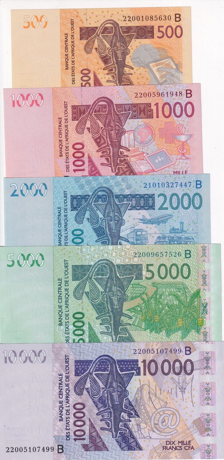 West African States BENIN SET 5 UNC 500 1000 2000 -10000 Francs 2022 P 215-219 B
