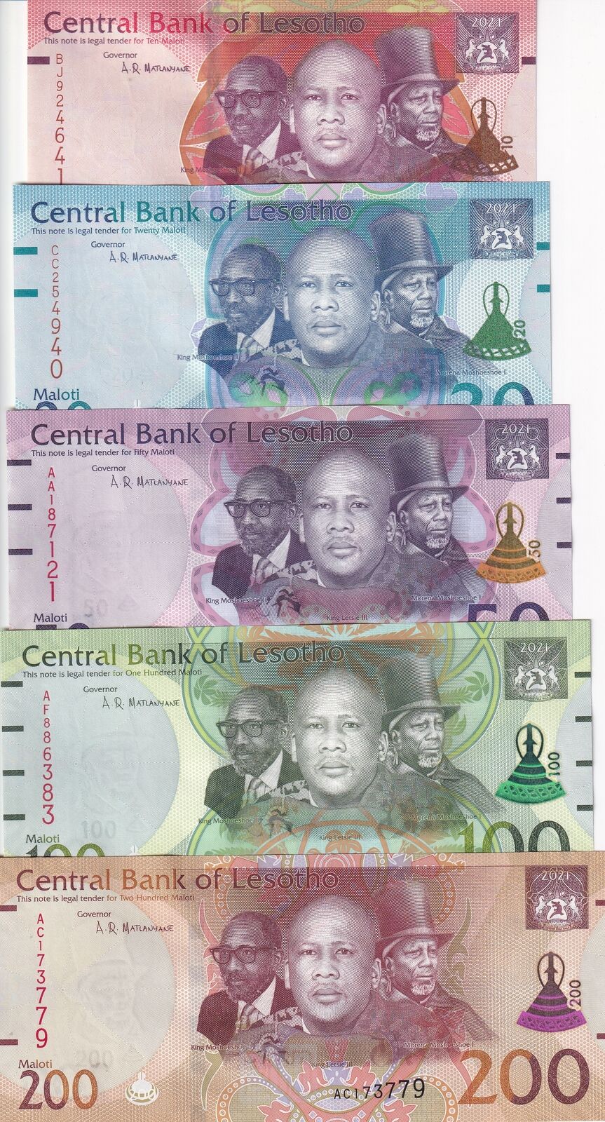Lesotho Set 5 UNC 10 20 50 100 200 Maloti 2021 P 26 27 28 29 30
