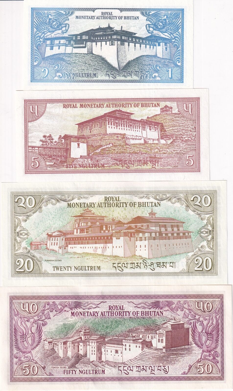 Bhutan Set 4 Pcs 1 5 20 50 Ngultrum ND 1985-1992 P 12 P 14 P 16 P 17 UNC