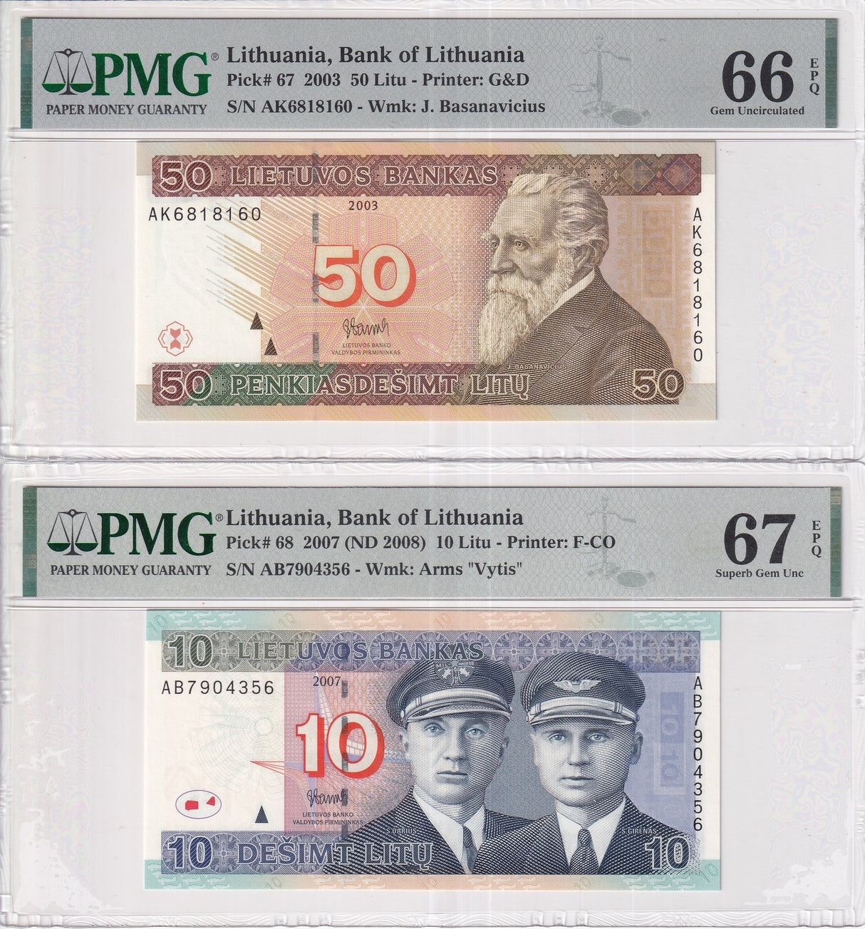 Lithuania Set 2; 10 50 Litu 2003 2007 P 67 P 68 Superb Gem UNC PMG 66 67 EPQ