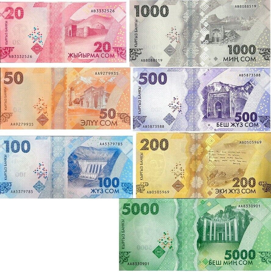 Kyrgyzstan Set 7 UNC 20 50 100 200 500 1000 5000 Som 2023/2024 P NEW 37 38 -43