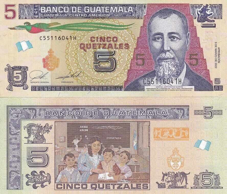 Guatemala 5 Quetzales 2022/2023 P 122A UNC LOT 5 PCS