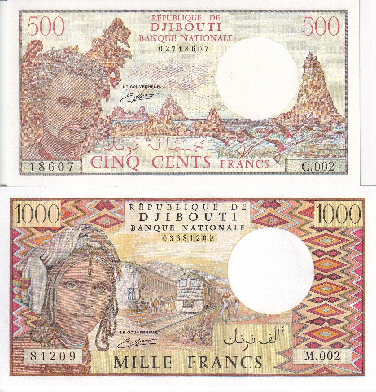Djibouti Set 2 PCS 500 1000 Francs ND 1988 1991 P 36 P 37 AUnc