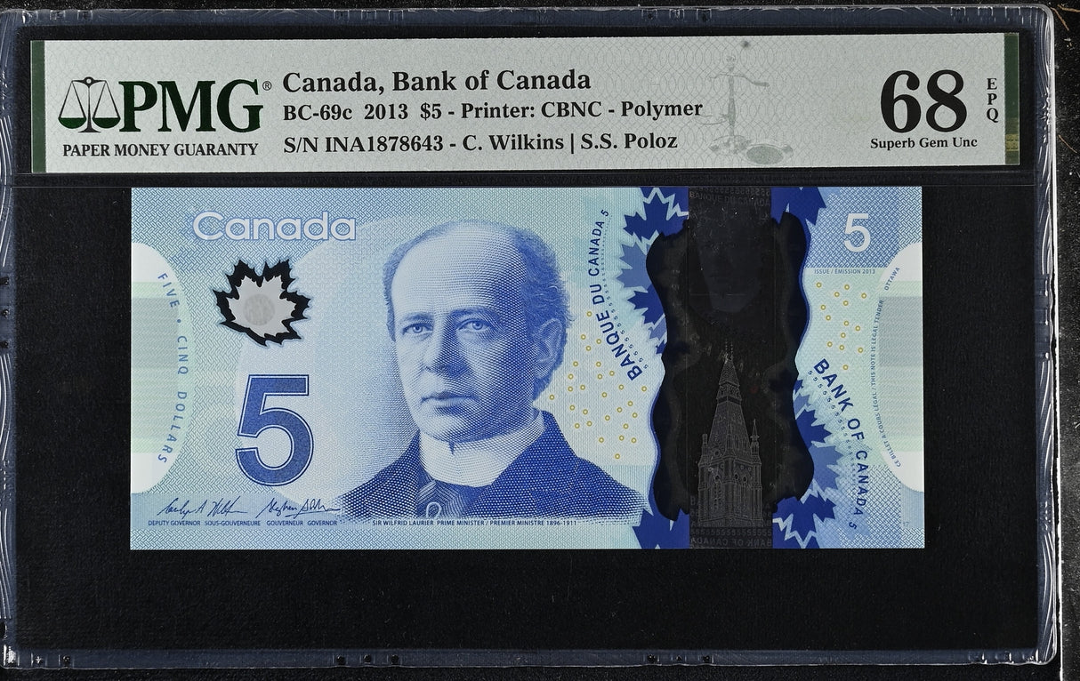 Canada 5 Dollars 2013 P 106 Polymer Wilkins Poloz Superb Gem UNC PMG 68 EPQ