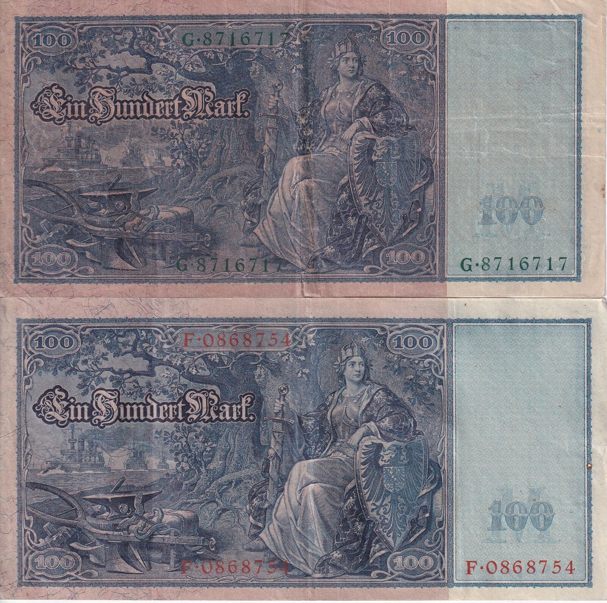 Germany SET 2 , 100 Mark 1910 Green + Red Seal P 42 43 Fine Used Circulated