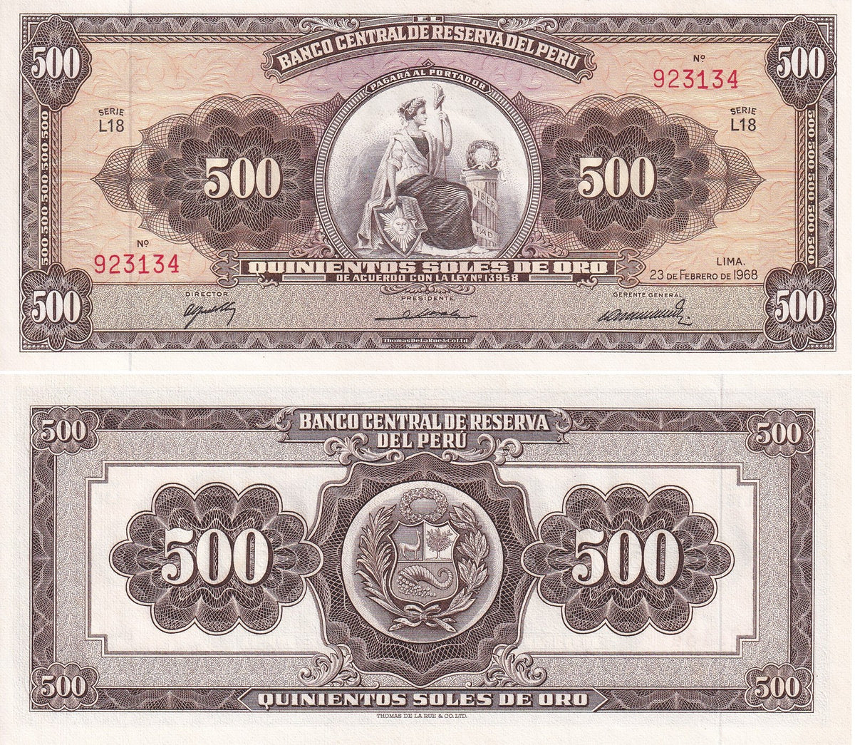 Peru 500 Soles De Oro 1968 P 87 AUnc