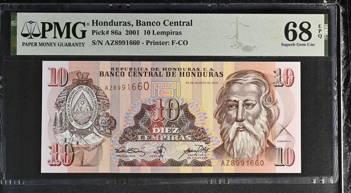 Honduras 10 Lempiras 2001 P 86 a Superb Gem UNC PMG 68 EPQ TOP POP