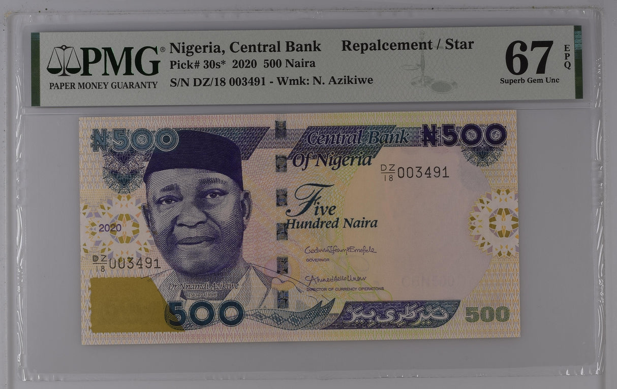 Nigeria 500 Naira 2020 P 30 s* Replacement Superb Gem UNC PMG 67 EPQ