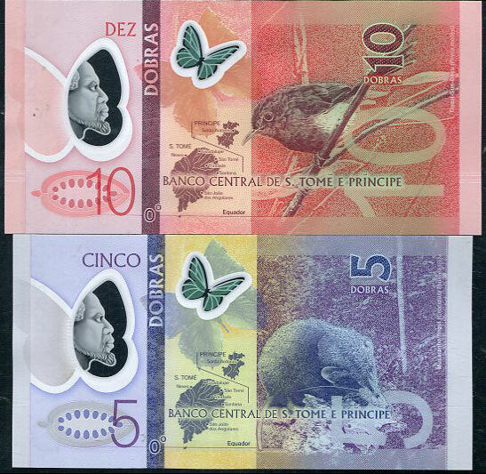 St. Thomas & Prince Set 2 UNC 5 10 Dobras 2016 P 70 71 Sao Tome Polymer