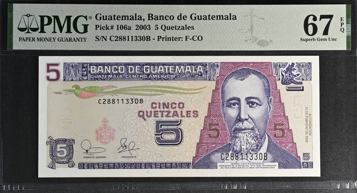 Guatemala 5 Quetzales 2003 P 106 a Superb Gem UNC PMG 67 EPQ
