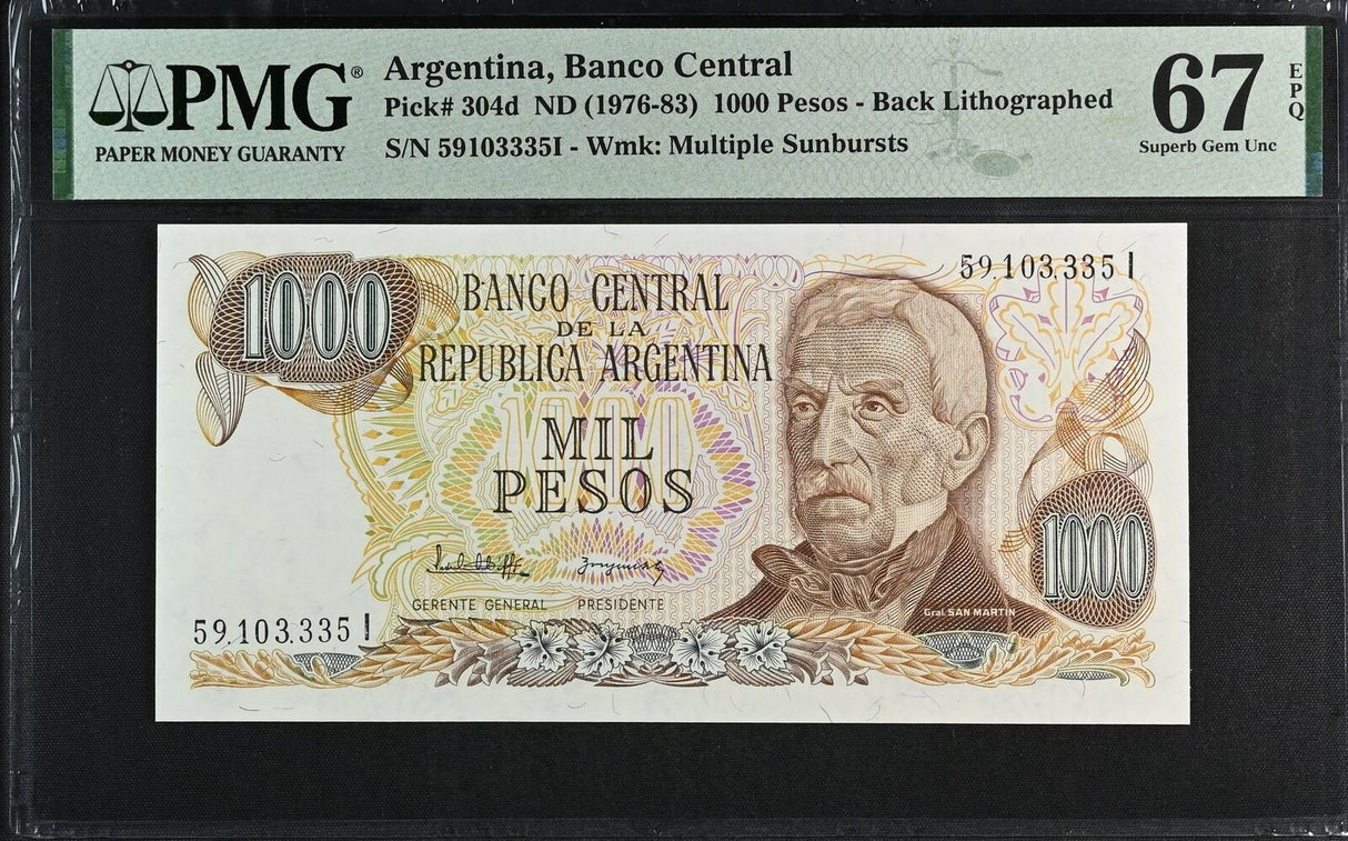 Argentina 1000 Pesos ND 1976-1983 P 304 d Superb Gem UNC PMG 67 EPQ