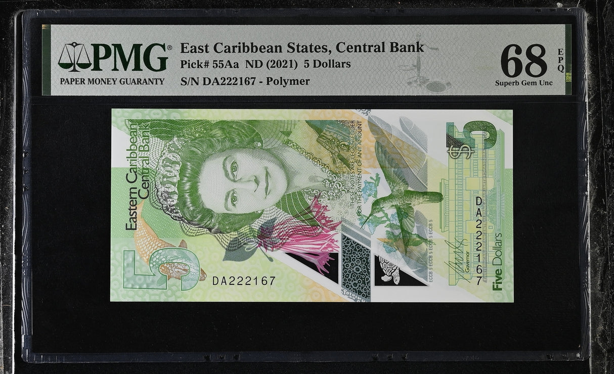 East Caribbean 5 Dollars ND 2021 P 55Aa Polymer Superb Gem UNC PMG 68 EPQ