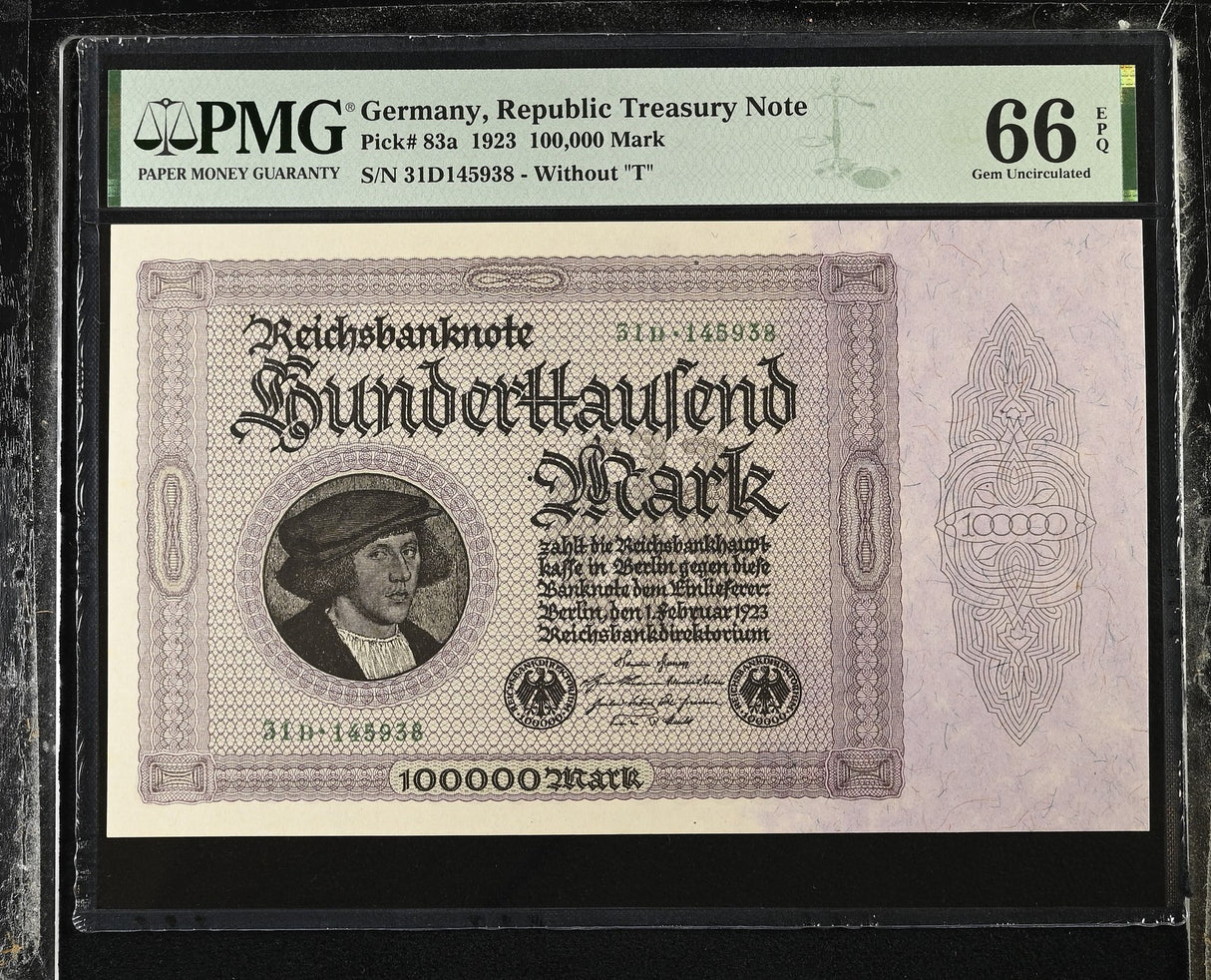 GERMANY Reichsbank 100000 Mark 1923 P 83 a Gem UNC PMG 66 EPQ