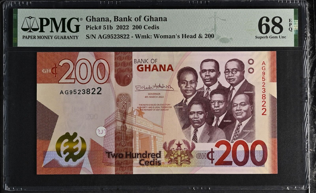 Ghana 200 Cedis 2022 P 51 b Superb Gem UNC PMG 68 EPQ TOP POP