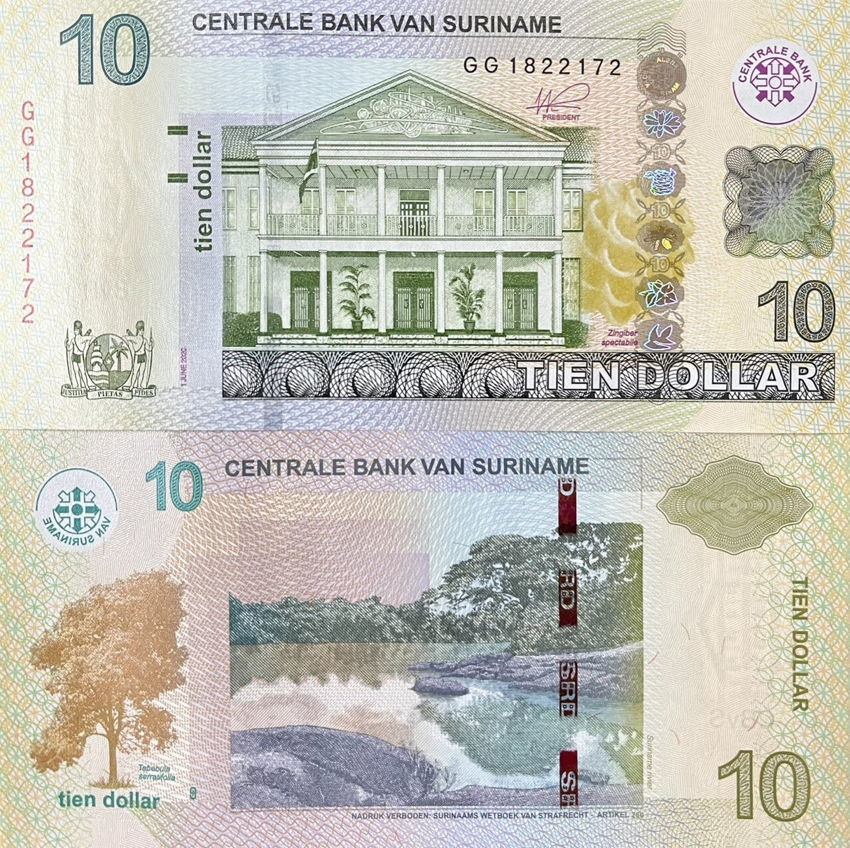 Suriname 10 Dollars 2020 P 163 New Sign UNC