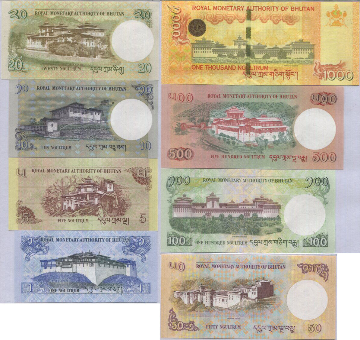 Bhutan Set 8 UNC 1 5 10 20 50 100 500 1000 N 2013-2021 P 27 28 29 30 31 32 33 34
