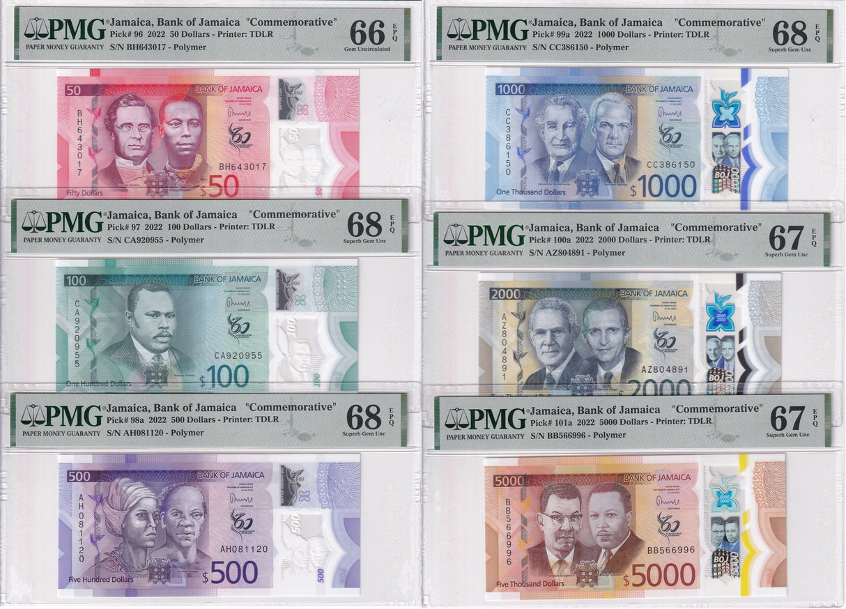Jamaica Set 5; 50 100-5000 Dollars 2022 P96- 101 Superb Gem UNC PMG 66 67 68 EPQ