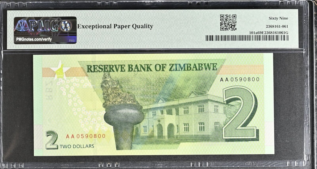 Zimbabwe 2 dollars 2019 P 101 a Superb Gem UNC PMG 69 EPQ