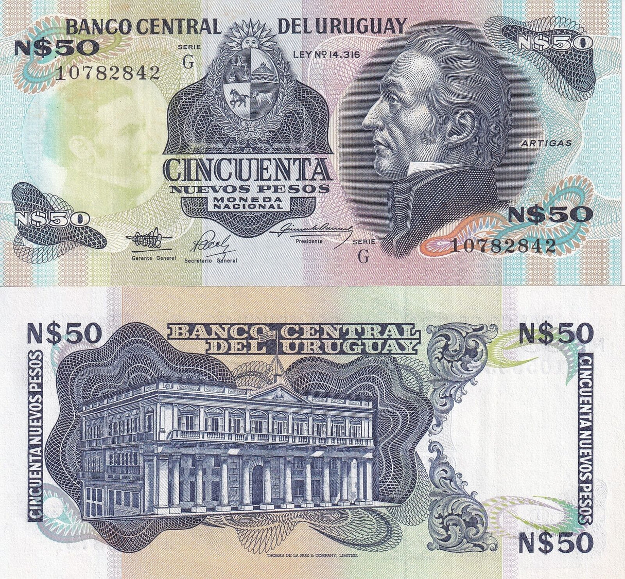 Uruguay 50 Pesos 1989 TDLR P 61A UNC With Yellow Tone
