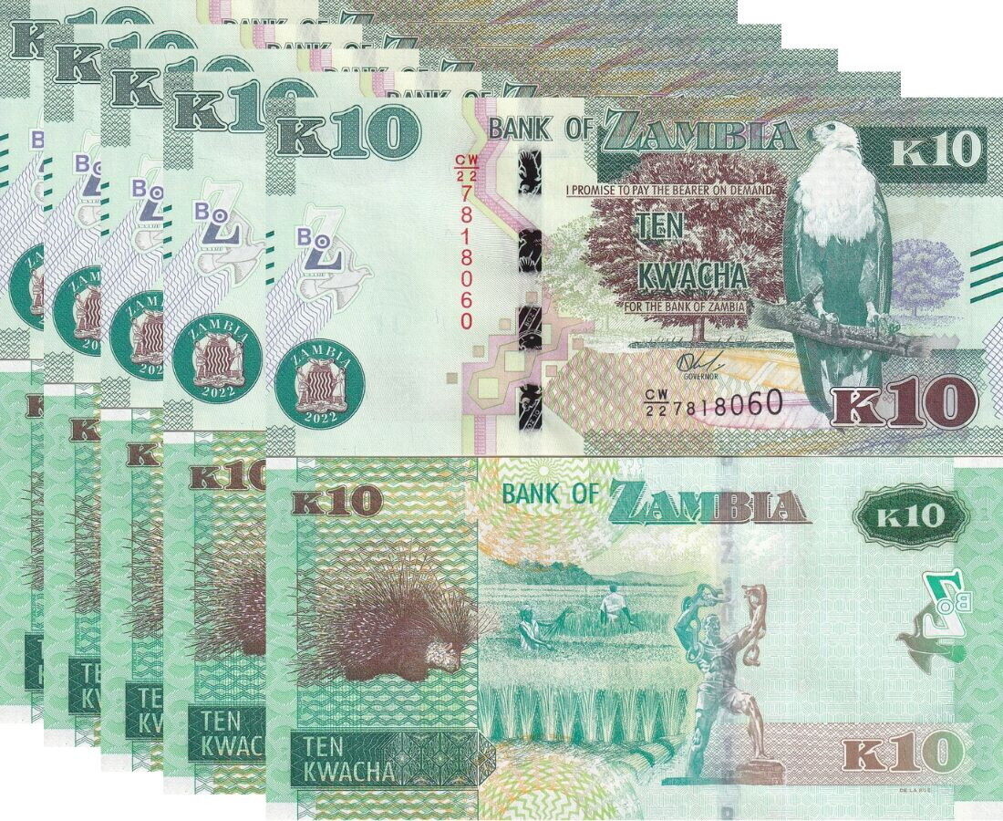 Zambia 10 Kwacha 2022 P 58 d UNC LOT 5 PCS