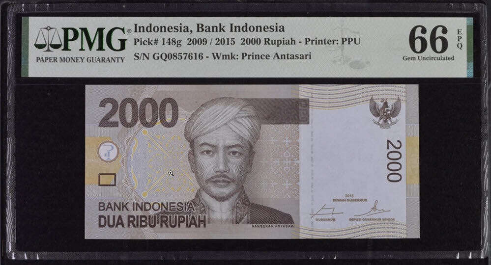 Indonesia 2000 Rupiah 2009/2015 P 148 g Gem UNC PMG 66 EPQ