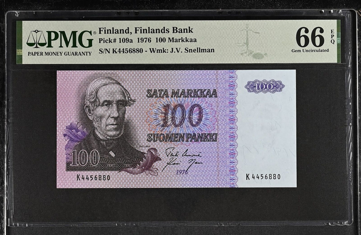 Finland 100 Markkaa 1976 P 109 a J.V. Snellman Gem UNC PMG 66 EPQ