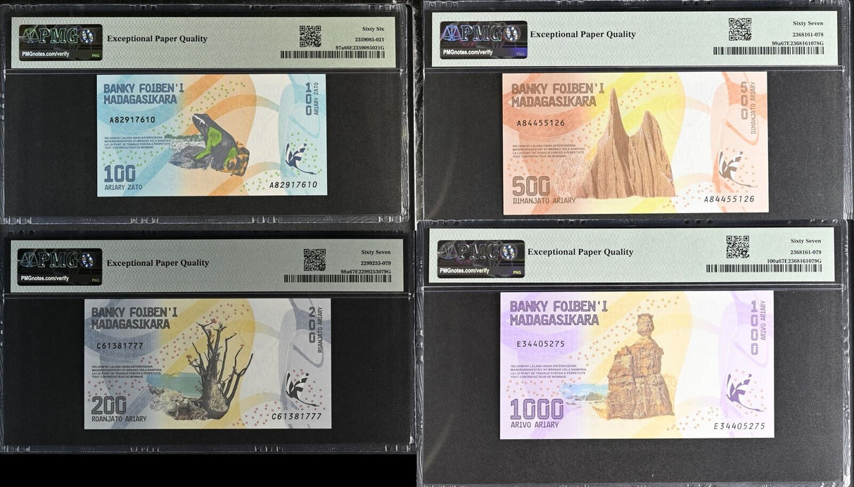Madagascar Set 4; 100 200-1000 Ariary P97 98 99 100 Superb Gem UNC PMG 66 67 EPQ