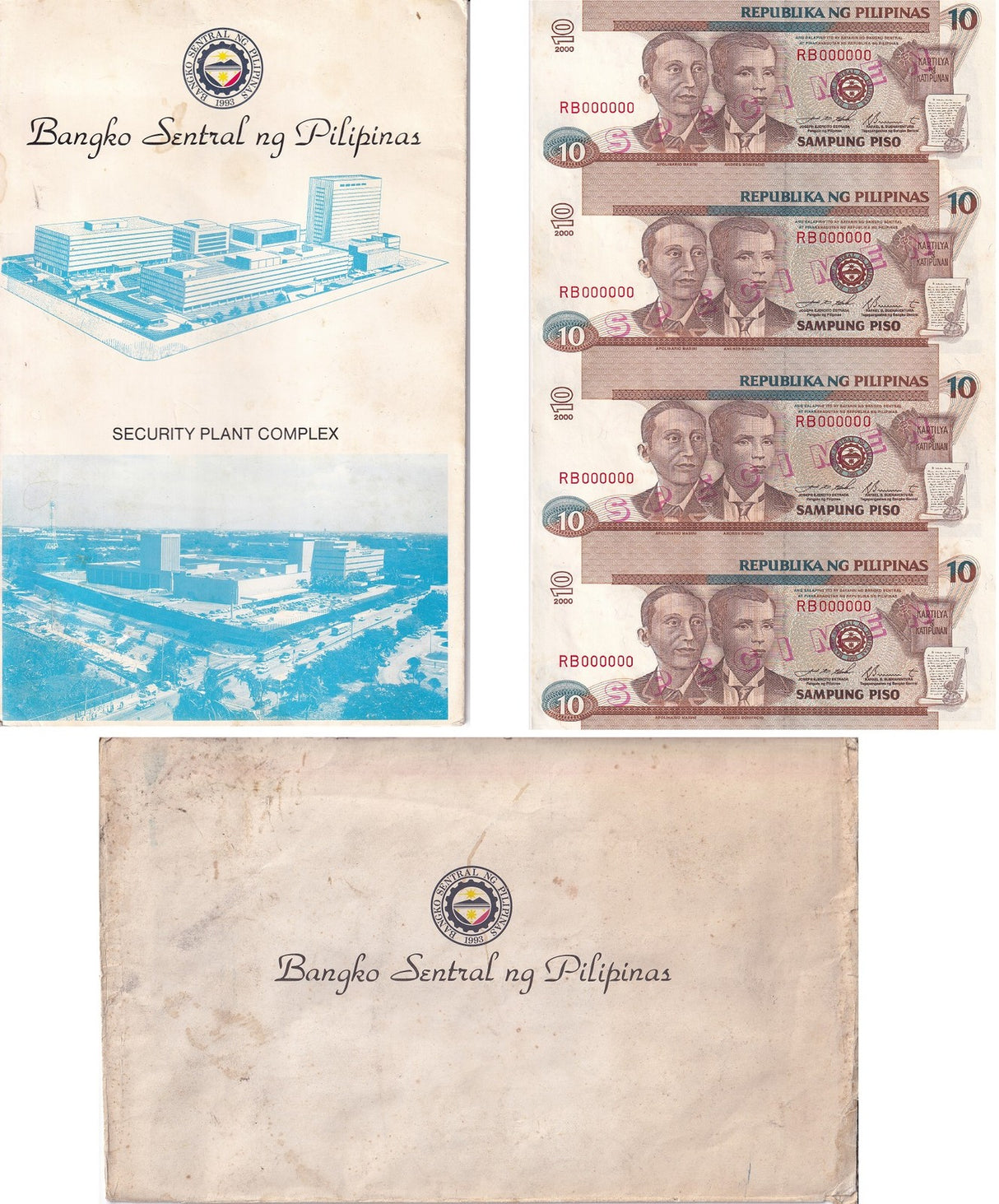 PHILIPPINES 10 Piso 2000 Uncut 4 Specimen P 187 AUnc Yellow TONE +Folder C SCAN