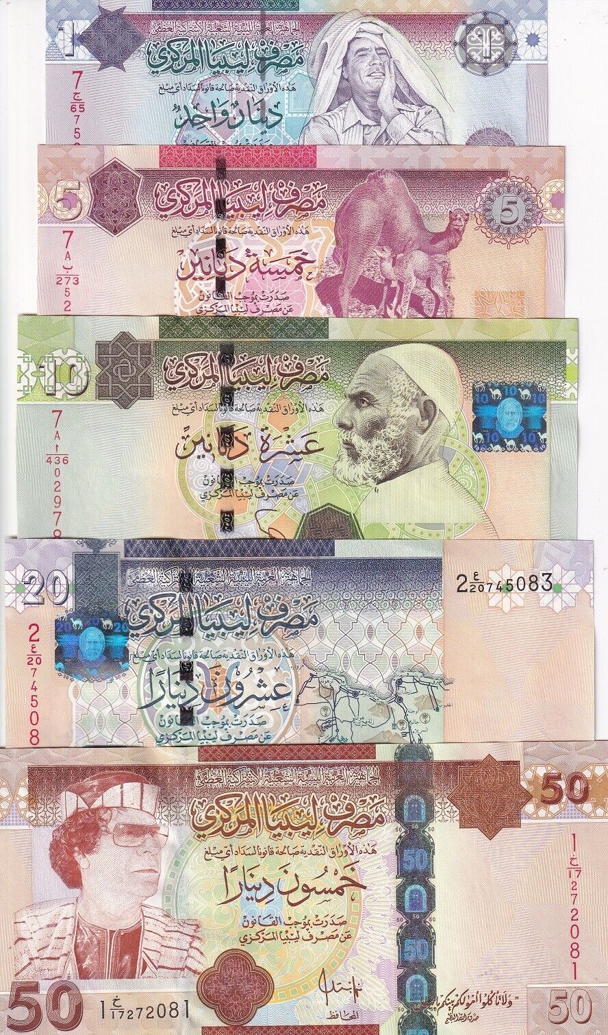 Libya Set 5 Pcs 1 5 10 20 50 Dinar ND 2008 - 2011 P 71 74 75 77 78 UNC