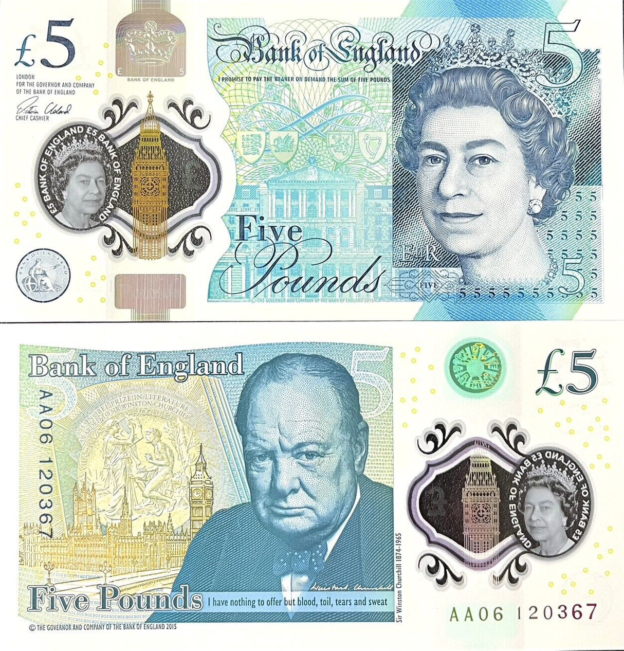 Great Britain 5 Pounds 2015 England QEII Polymer Prefix AA P 394 UNC