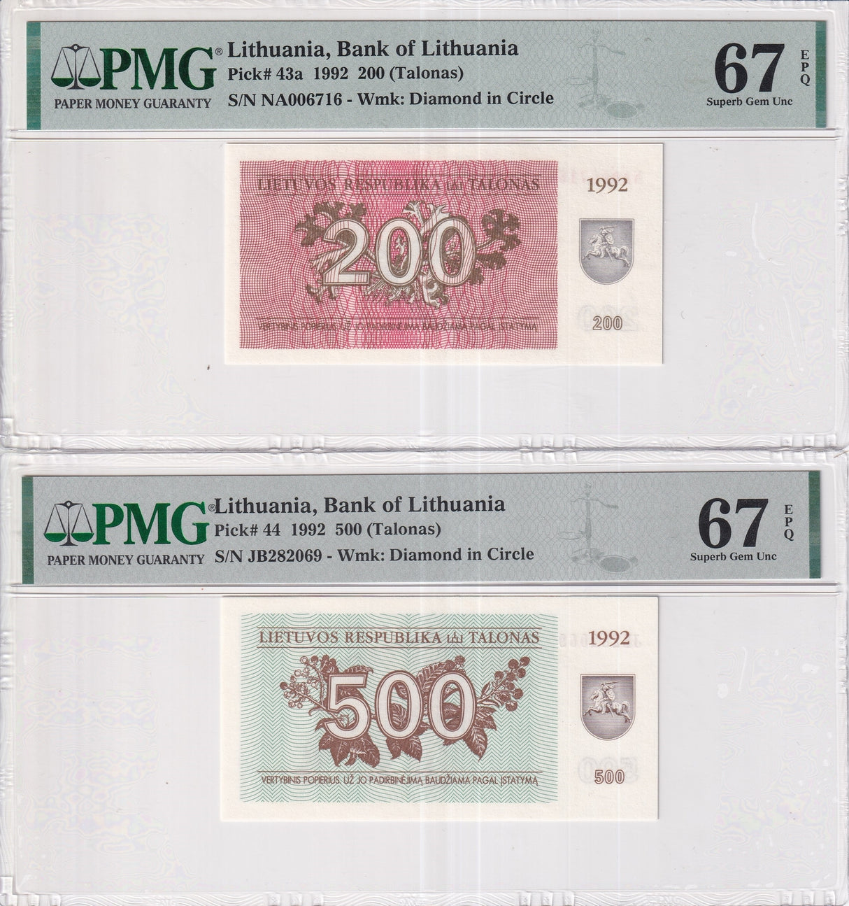 Lithuania Set 2; 200 500 Talonas 1992 P 43 P 44 Superb Gem UNC PMG 67 EPQ