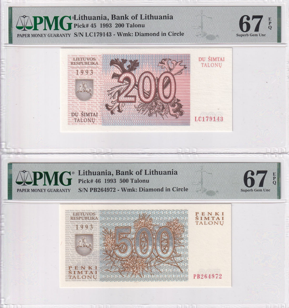 Lithuania Set 2; 200 500 Talonu 1993 P 45 P 46 Superb Gem UNC PMG 67 EPQ