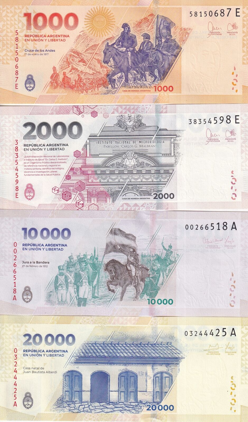 Argentina SET 4 UNC 1000 2000 10000 20000 Pesos ND 2023 2024 P 367 368 369 370