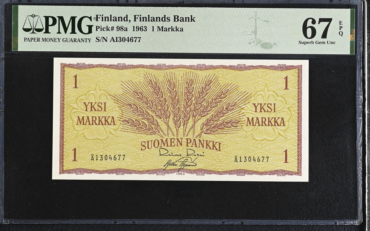 Finland 1 Markka 1963 P 98 a Superb Gem UNC PMG 67 EPQ