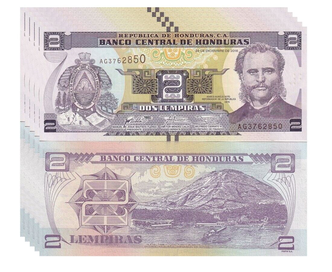 Honduras 2 Lempiras 2016 P 97 c UNC LOT 5 PCS