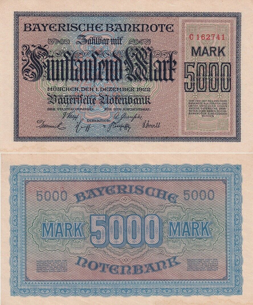 Germany Bayerische 5000 Mark 1922 P S925 AUnc W/Tone