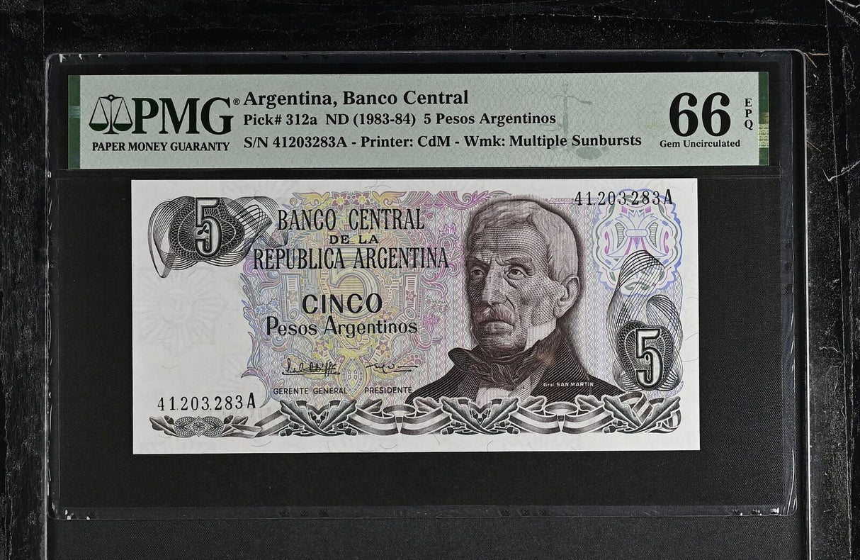 Argentina 5 Pesos Argentinos ND 1983-1984 P 312 a Gem UNC PMG 66 EPQ