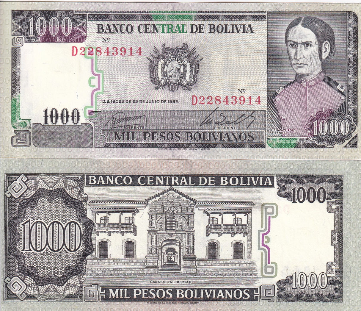 Bolivia 1000 Pesos Bolivianos 1982 P 167 a UNC
