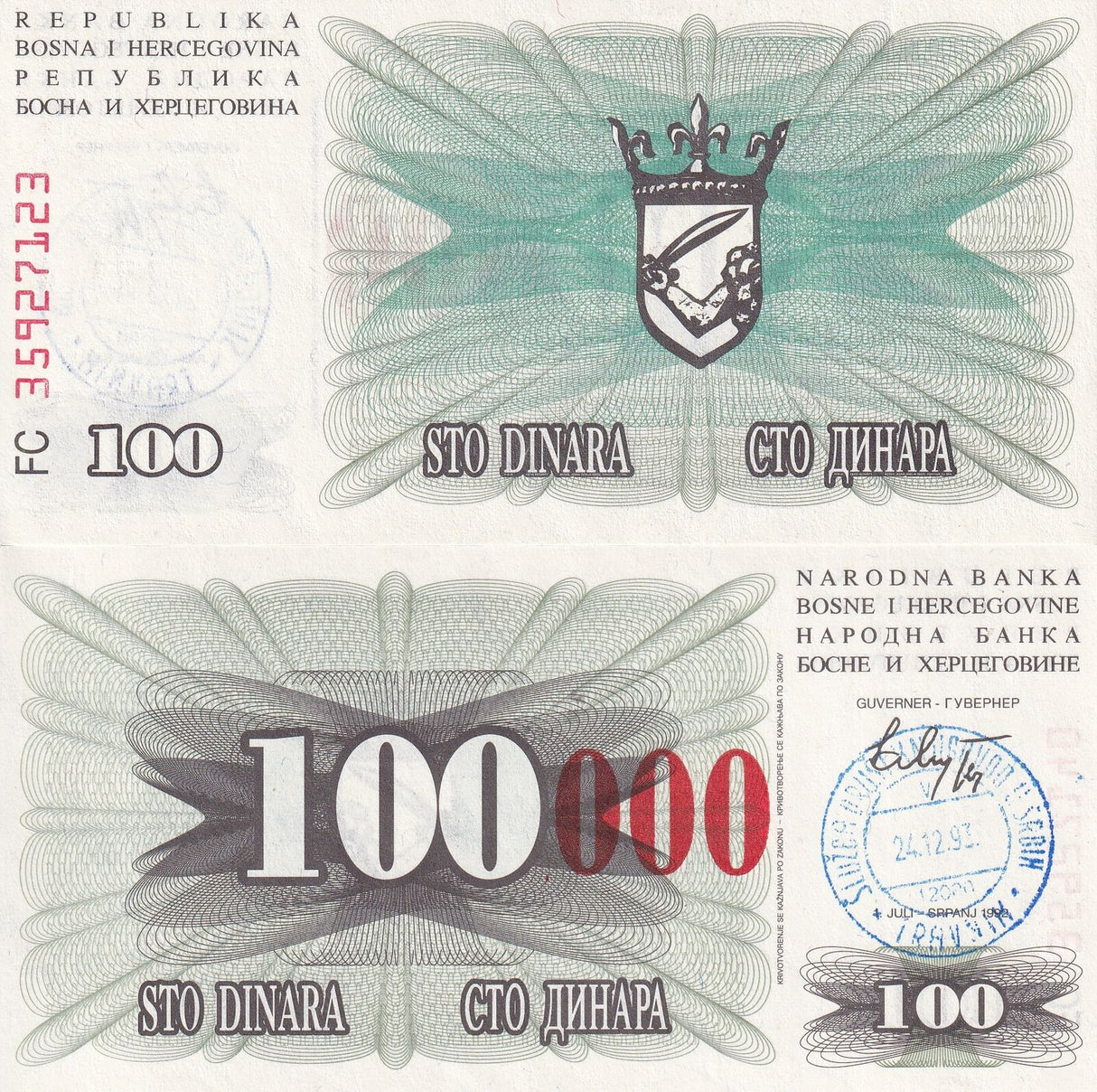 BOSNIA 100000 DINARA 1993 P 56 d UNC