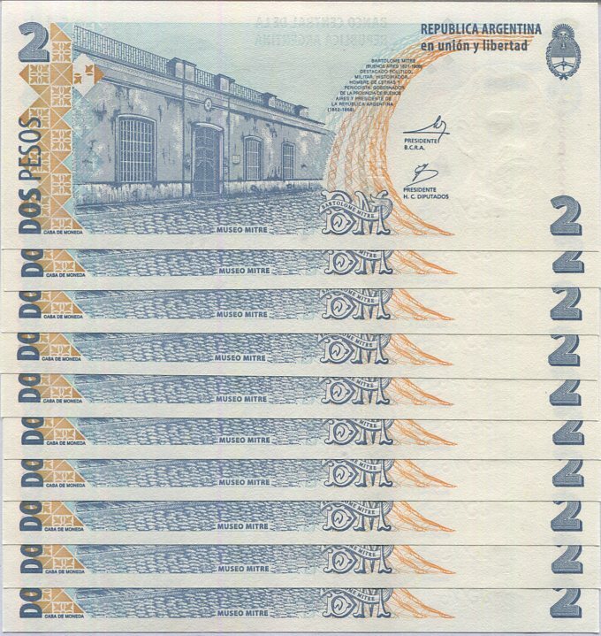 Argentina 2 Pesos ND 2012 P 352 Mixed Suffix UNC LOT 10 PCS