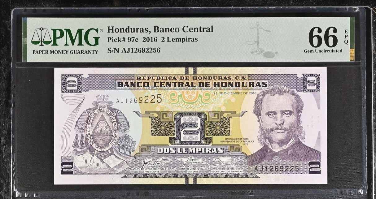 Honduras 2 Lempiras 2016 P 97 c Gem UNC PMG 66 EPQ