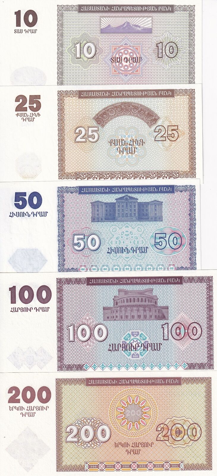 Armenia Set 5 PCS 10 25 50 100 200 Dram 1993 P 33 34 35 36 37 UNC