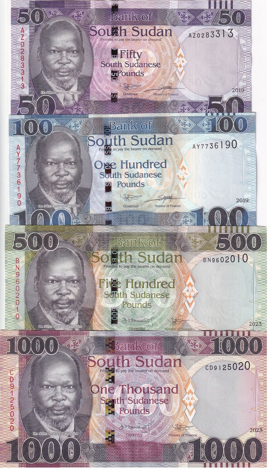 South Sudan Set 4 Pcs (50 100 UNC) (500 1000 AU) Pounds 2019-2023