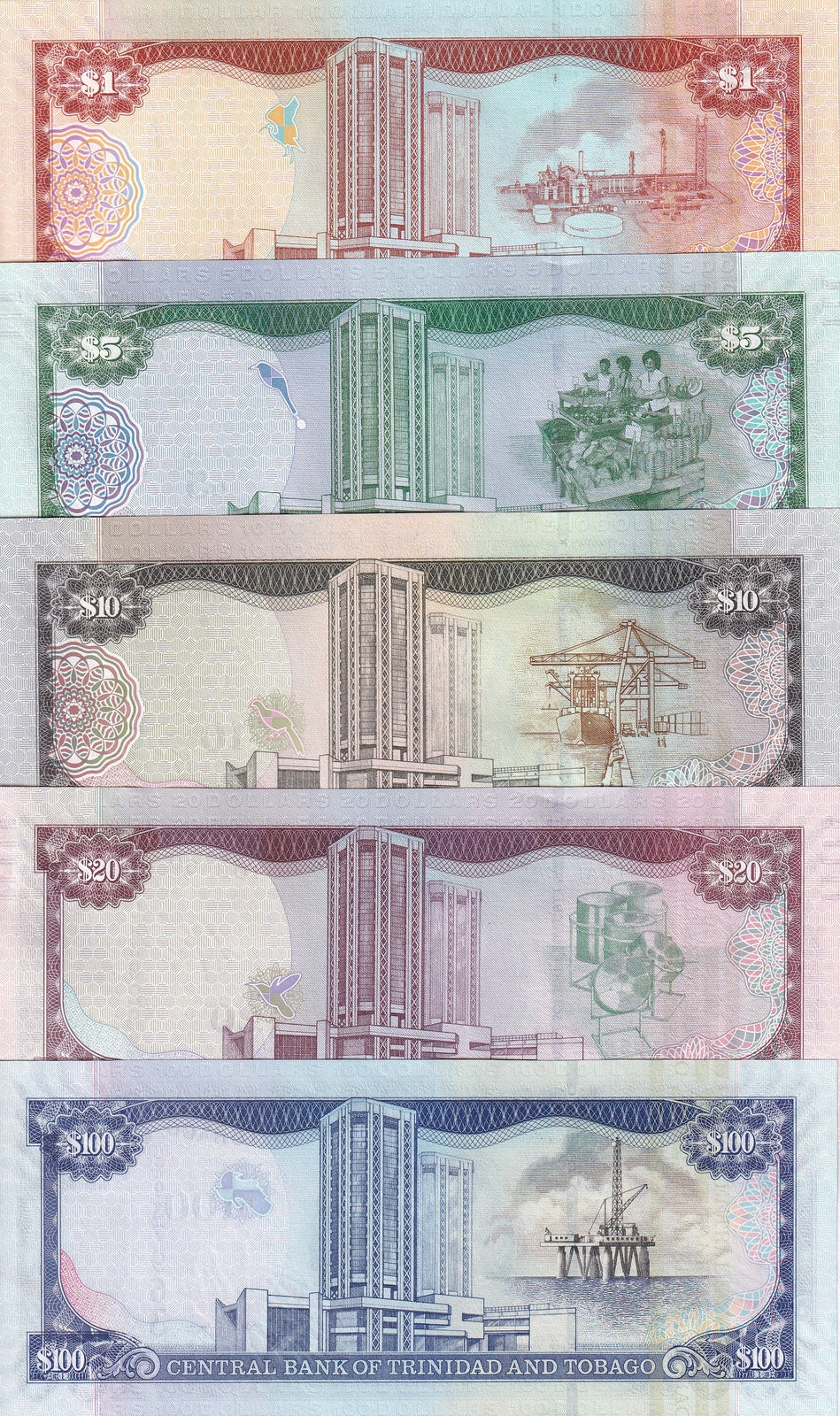 Trinidad & Tobago Set 5 UNC 1 5 10 20 100 Dollar Random Year P 46 47 48 49 51